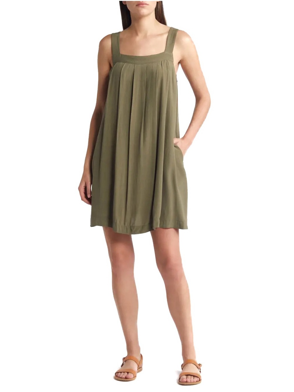 Treasure&Bond Pleated Sleeveless Olive-Toned Casual Square Neckline Shift Dress